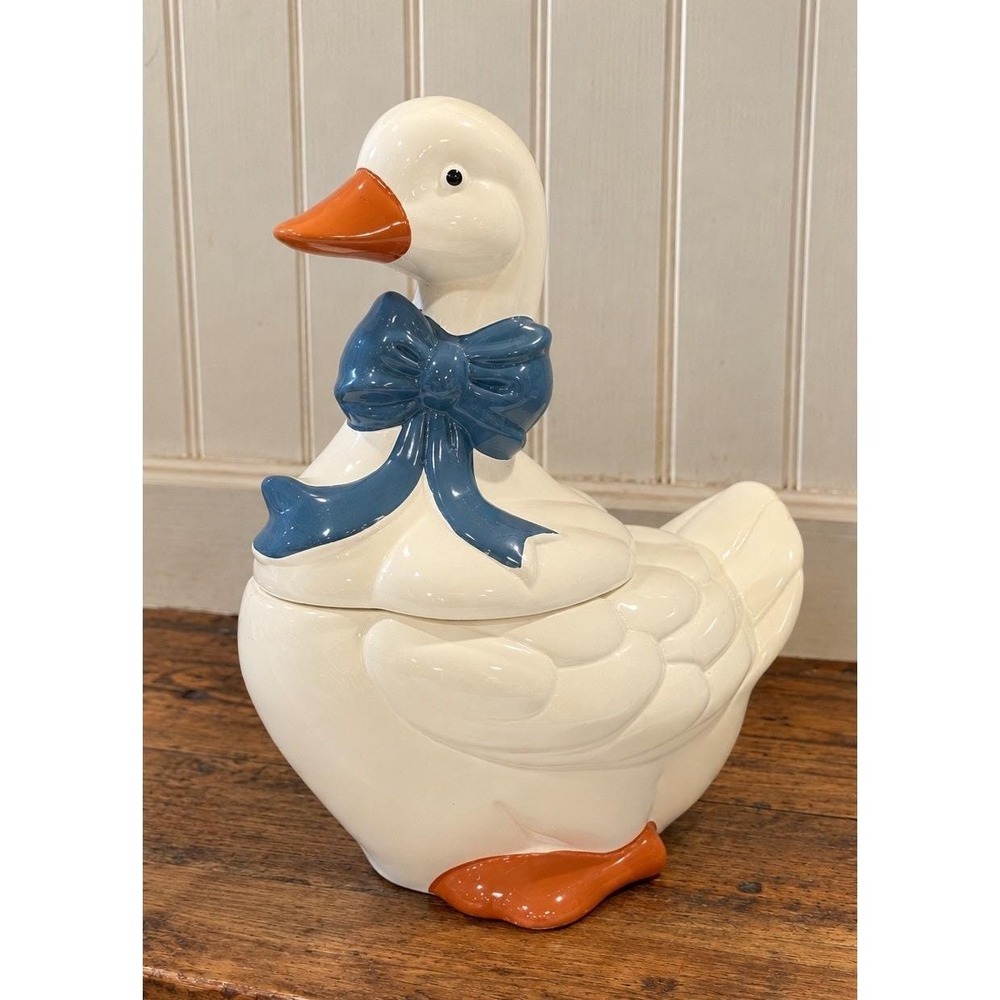 Vintage Mother Goose Ceramic Cookie Jar Blue Ribbon Bow Orange Feet Cottagecore